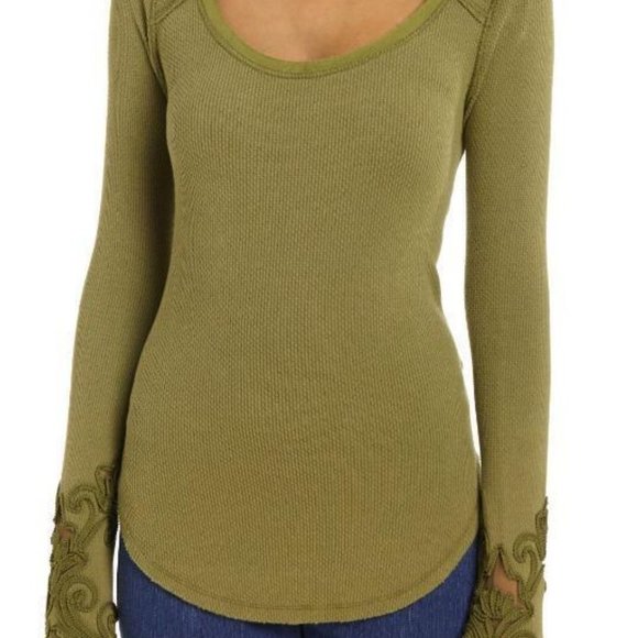 FREE PEOPLE SIZE MEDIUM WASHED OLIVE MASQUERADE CUFF LONG SLEEVE THERMAL TOP - Picture 1 of 9